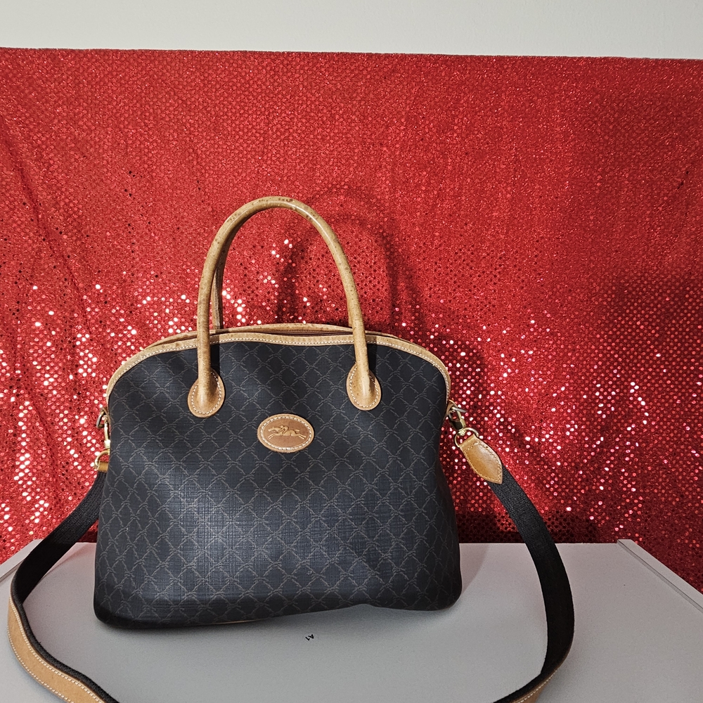 Two Way Longchamp Black and Tan Satchel with Dome Shape